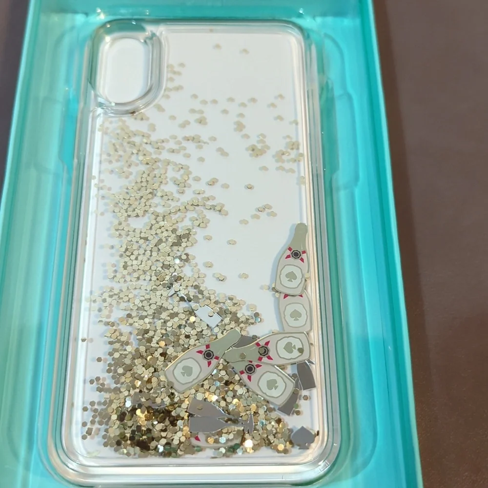 Kate Spade IPhone X Case Liquid Glitter Champagne Bottles and Glasses NWT